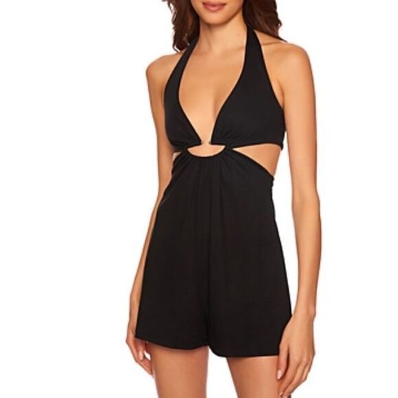 Susana Monaco Half Moon Cutout Halter Romper in Black NWT XS - Picture 1 of 6